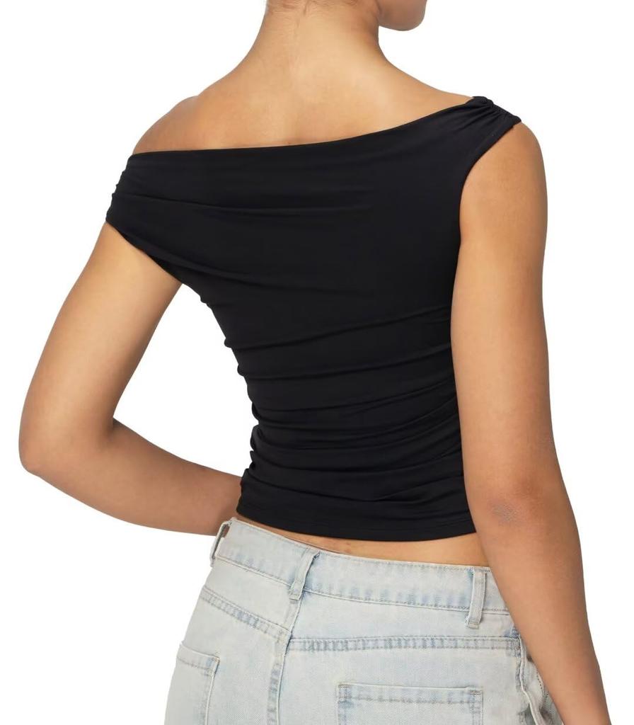 Schulterfreies, ärmelloses Crop-Top für Damen, trendiges Y2K-Ausgeh-Tankshirt, asymmetrischer Ausschnitt und gerüschtes Detail