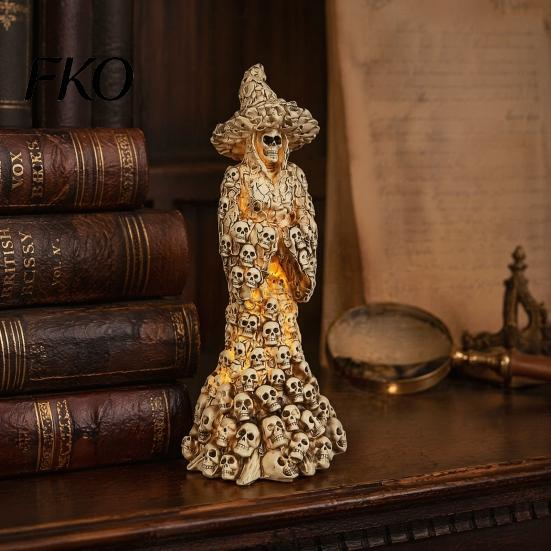 Decorative Witch Hat Skull Skeleton Resin Figurine, Halloween Gothic Statue, Spooky Yard Lawn Secret Room Props Fantasy Ornament for Desk,