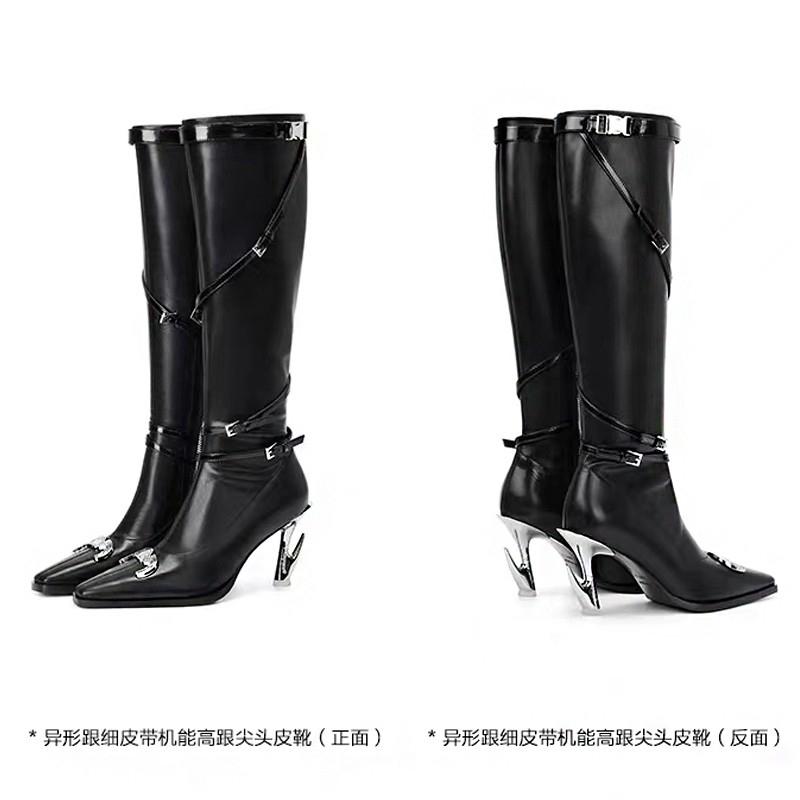 Fashion Spring/Summer 2025 Special Heel Thin Belt Functional High Heel Pointed Toe No Knee High Leather Boots Fashion Boots