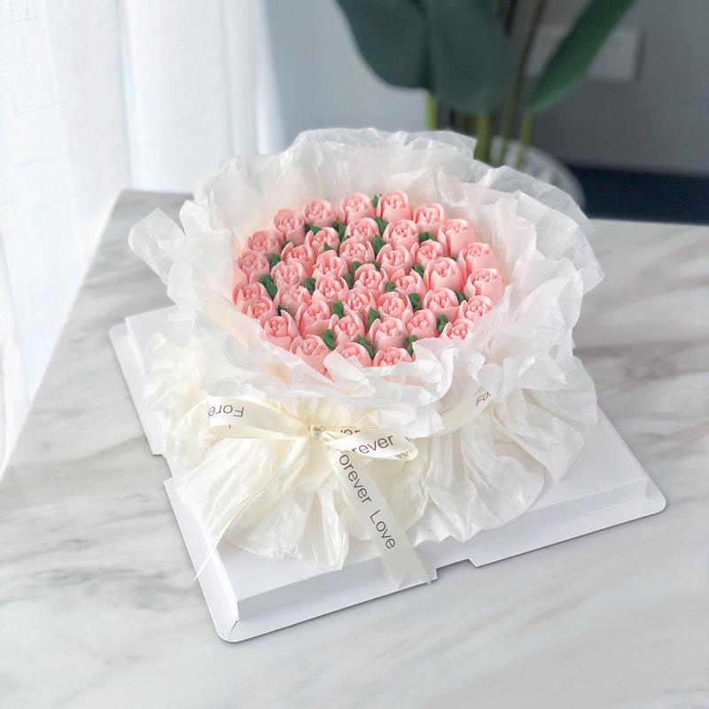 Valentine's Day Celebrity Bouquet: Fresh Flowers, Cake Decoration, Tissue & Transparent Wrapping Paper.