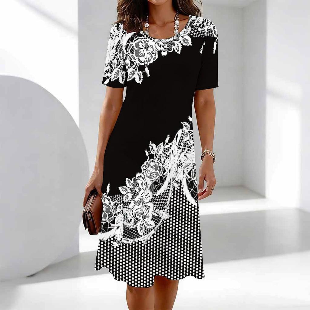 Women's Print Short Sleeve Round Neck Midi Dress Loose Casual A Line Daily Wear Dress