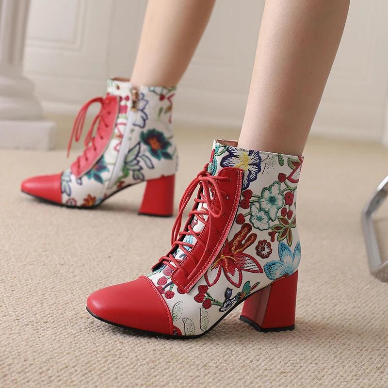 Sweet Women Ankle Boots Pink Red White Flower Print High Block Heels Casual Party British Lady Lace-up Winter Plush Short Boots