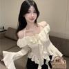 Womens Off-Shoulder Long Sleeve Blouse With Ruffle Trim Floral Neckline Slim Fit Short Top In Black Or Beige