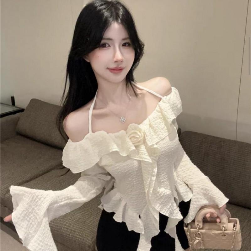 Womens Off-Shoulder Long Sleeve Blouse With Ruffle Trim Floral Neckline Slim Fit Short Top In Black Or Beige