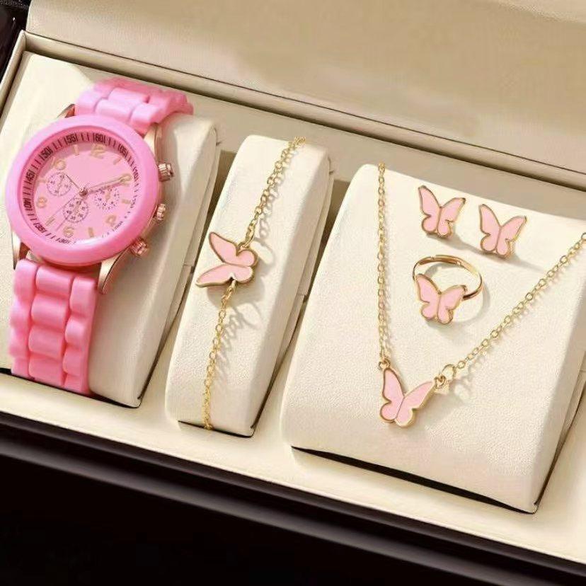Women's watch, simple new model, five-piece set, round jewelry wristwatch set, women's high-end, light luxury, fashionable women's watch
