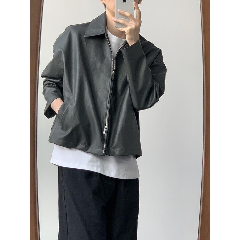 Men's Trendy Korean Style Leather Jacket - 2024 Spring/Autumn, Short Loose Fit with Lapel.