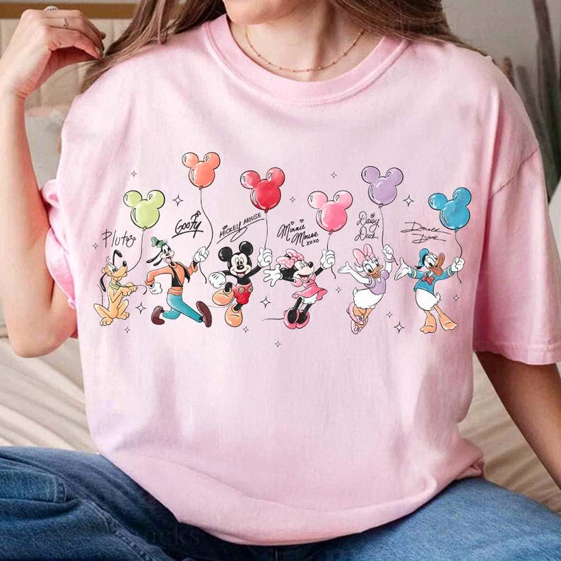 Retro Mickey and Friends Streetwear Fun Balloon Anime Characters Tee Women Cotton Tshirts Gift S
