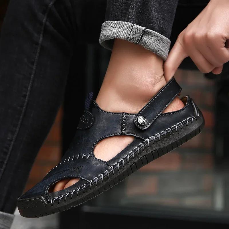 Herren Sommersandalen aus echtem Leder für den Außenbereich, leicht, römisch, große Größen 38-48, Wanderschuhe für Herren, weich, rutschfest, lässige Sandalen