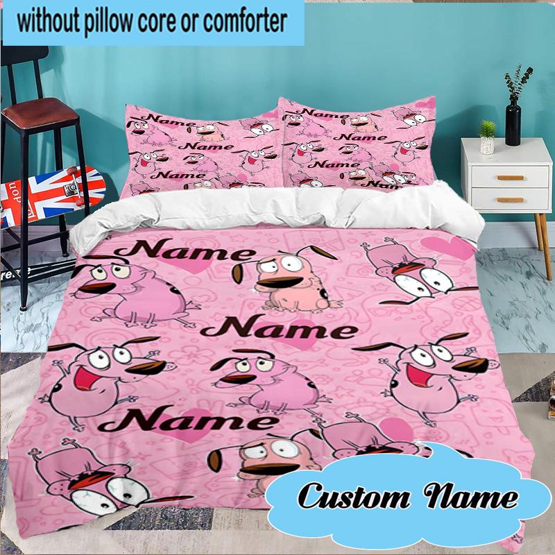 Custom Name 3PCS Pink Cartoon Characters Bedding Set Including 1pc Duvet Cover And 2pcs Pillowcases for Bedroom, Dormitory Gift Home Decor