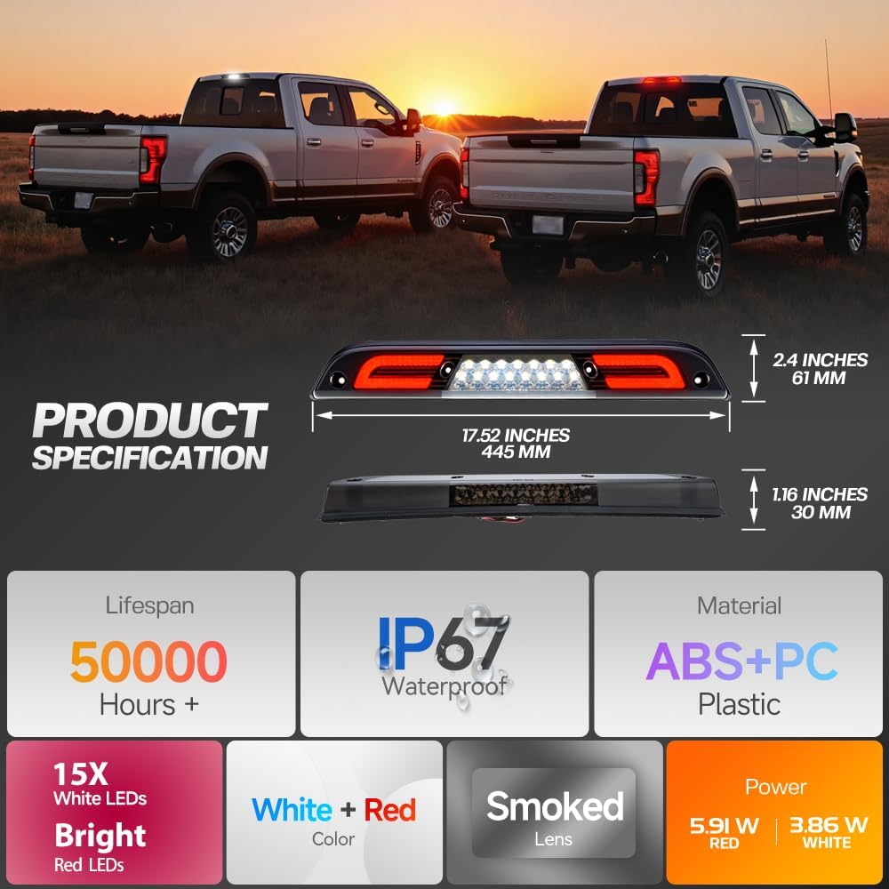 Led Third Brake Light for 15-20 F'ord F150 17-22 F250 F350 Super Duty Ranger Maverick Rear Center High Mount Stop Lamp CHMSL White Cargo lamp Strobe