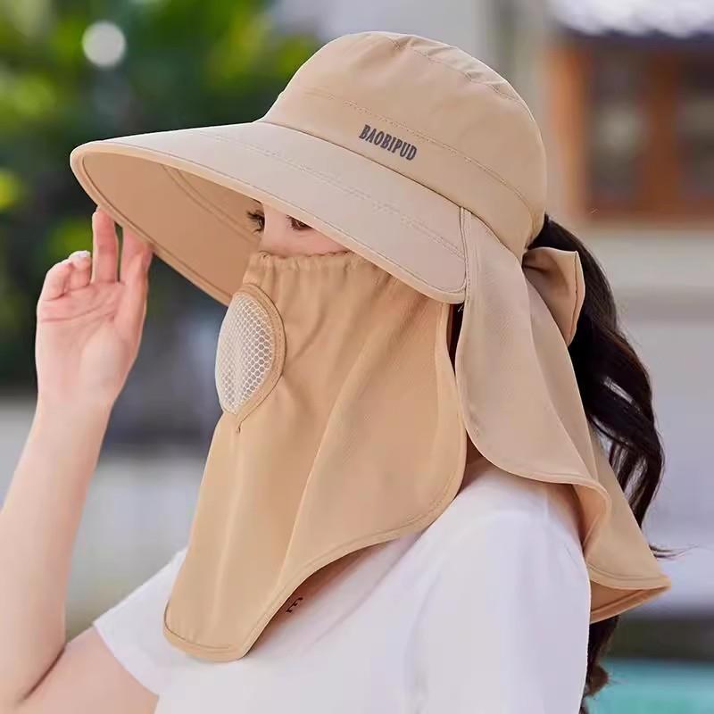 Full face sunscreen large brim shawl sun hat women's neck protector integrated UV protection bucket hat ponytail hat