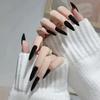24 Pcs 3D Long Almond False Nails Red Nude Milk Tea Jelly Full Cover Press On Nail Tips