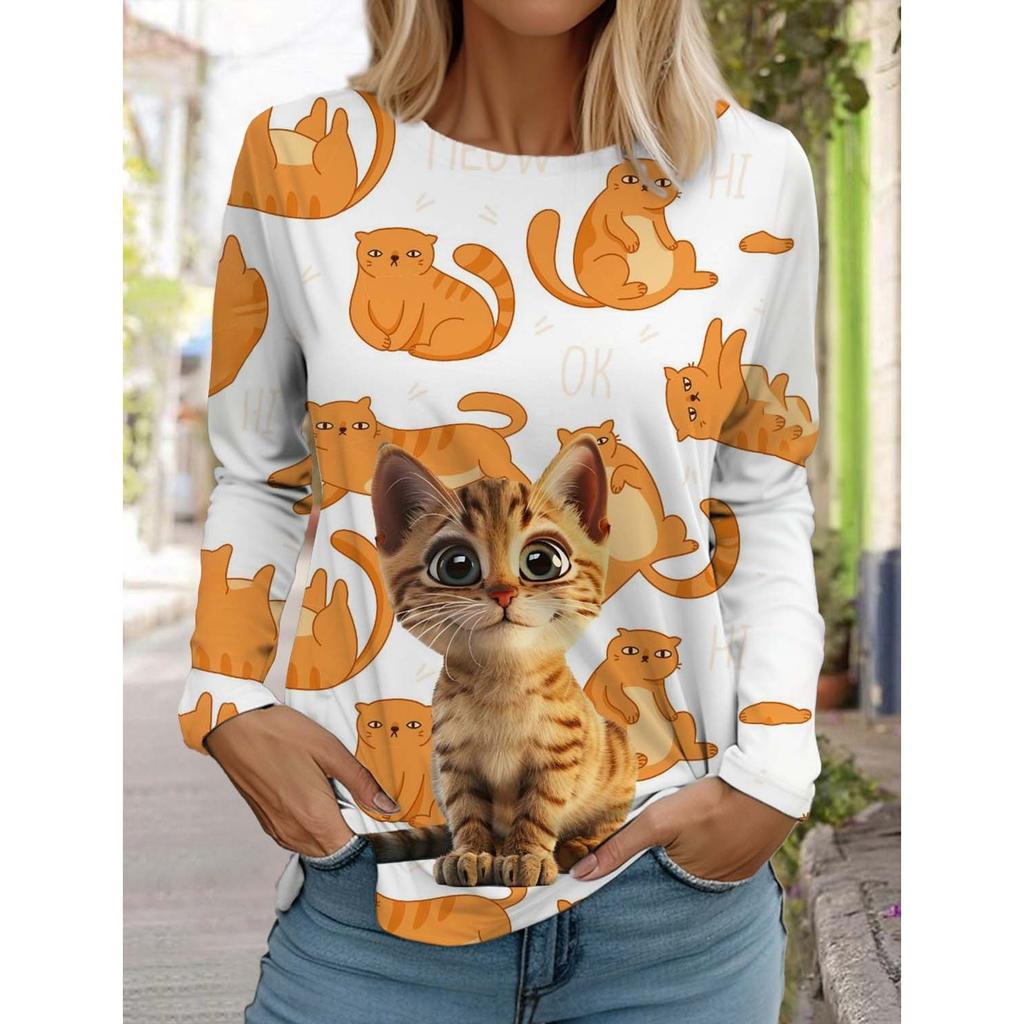 Christmas Cute Cat Women's Long Sleeve T-Shirt Autumn Animal Clothing Holiday Fashion Party T-Shirt