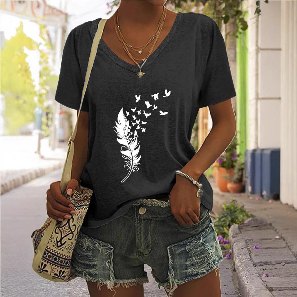 V-neck Feather Print Top Fashion Print Short Sleeve Casual T-Shirts Women’s
