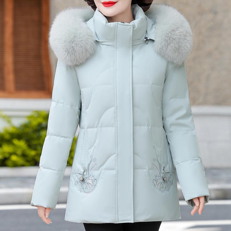 Real Fur Collar Middle Age Women Winter White Duck Down Jackets Vintage Plus Size Parkas Hooded Elegant Thick Warm Short Down Coats Woman Outerwears
