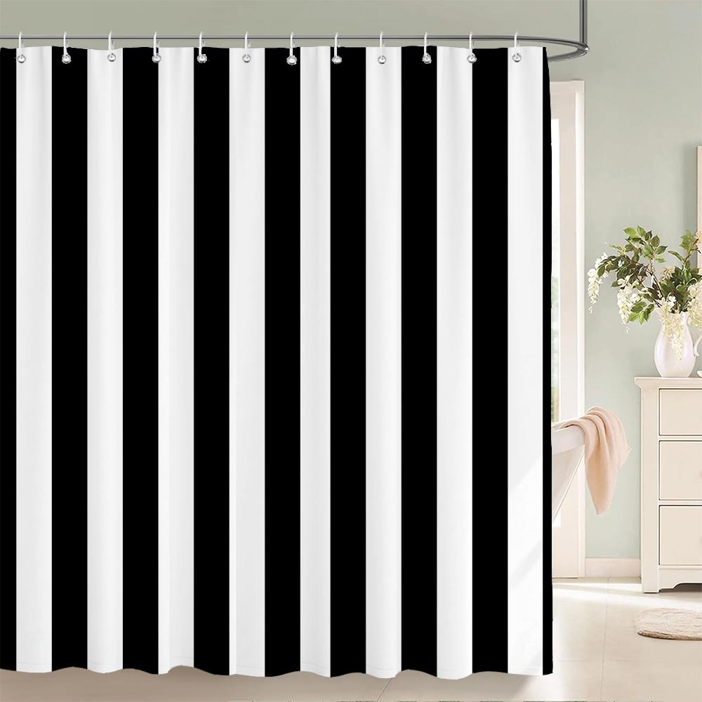 Black and White Striped Shower Curtain With Hooks Waterproof Polyester Fabric Geometric Pattern Home Decor Bathroom Curtain
