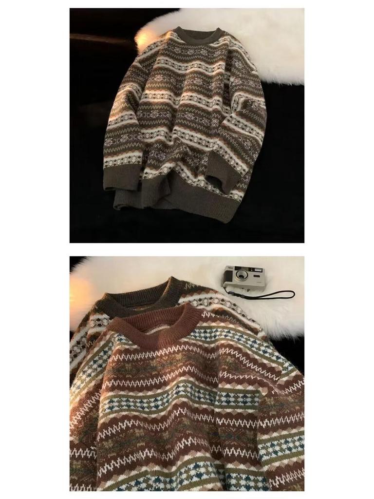 Men's Color Block Striped Sweater - Autumn/Winter Loose Long Sleeve Crew Neck, Couple Trendy Style