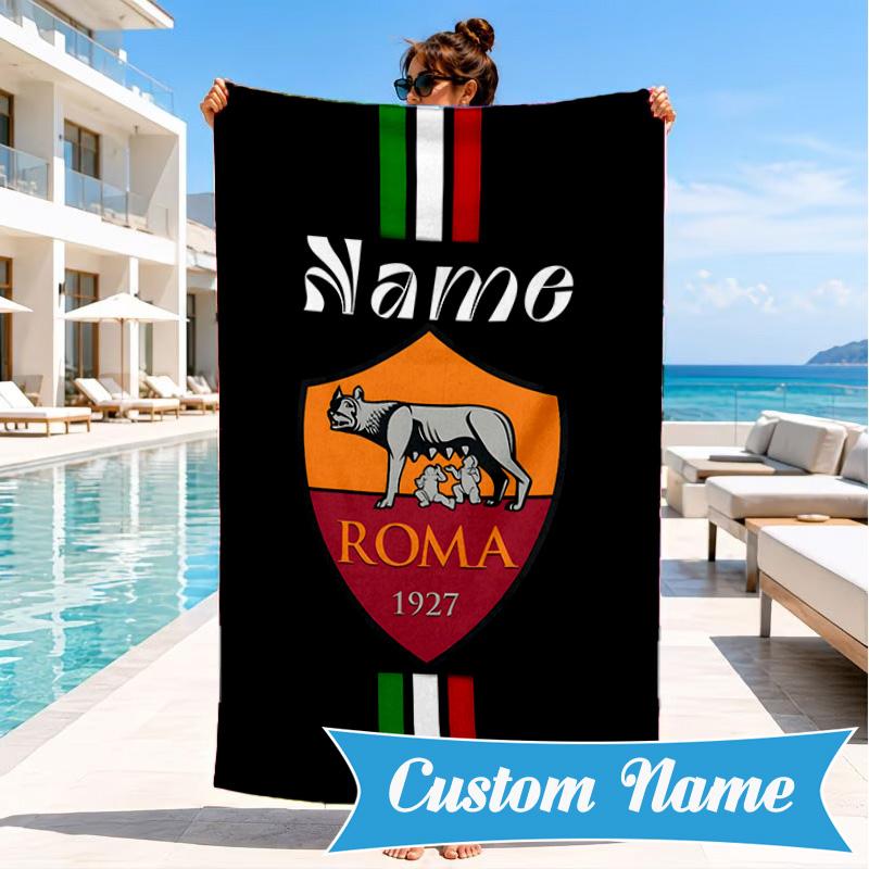 Custom Name Beach Towel Roma Football Crest Emblem Microfiber Beach Towel, Lightweight for Summer Travel, Swimming Pool Fan Birthday Gift