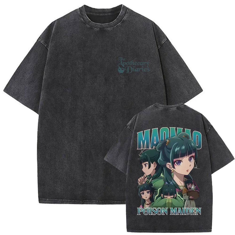 Gewaschenes Vintage Japanischer Anime The Apothecary Diaries Maomao Doppelseitiger Druck T-Shirt Herren Damen Freizeit Kawaii Lustige T-Shirts