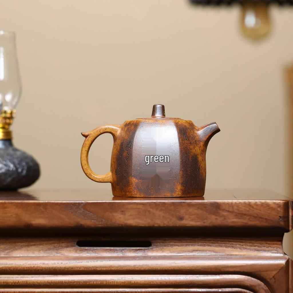 Yixing Zisha Teapot: Semi-Handmade Hexagonal Pine Carving with High Temperature Gold Sand Finish