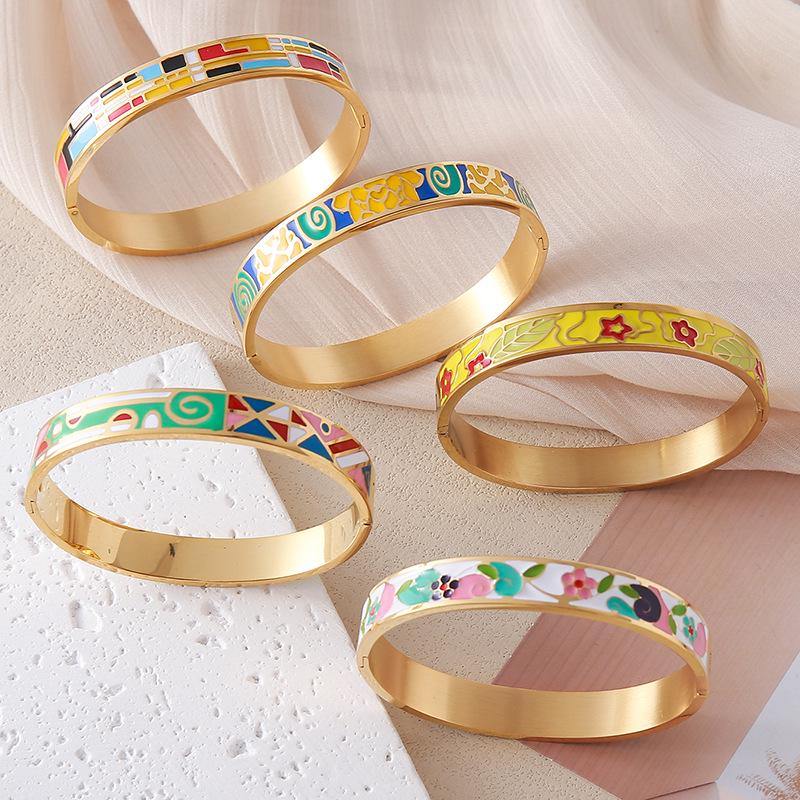 European and American Bestseller: 18K Gold Plated Titanium Steel Enamel Bracelet - Women’s Colorful Drip Oil Light Luxury Jewelry.