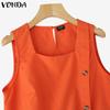 VONDA Women Summer Square Neck Sleeveless Side Decorate Buttons Casual Tank Tops