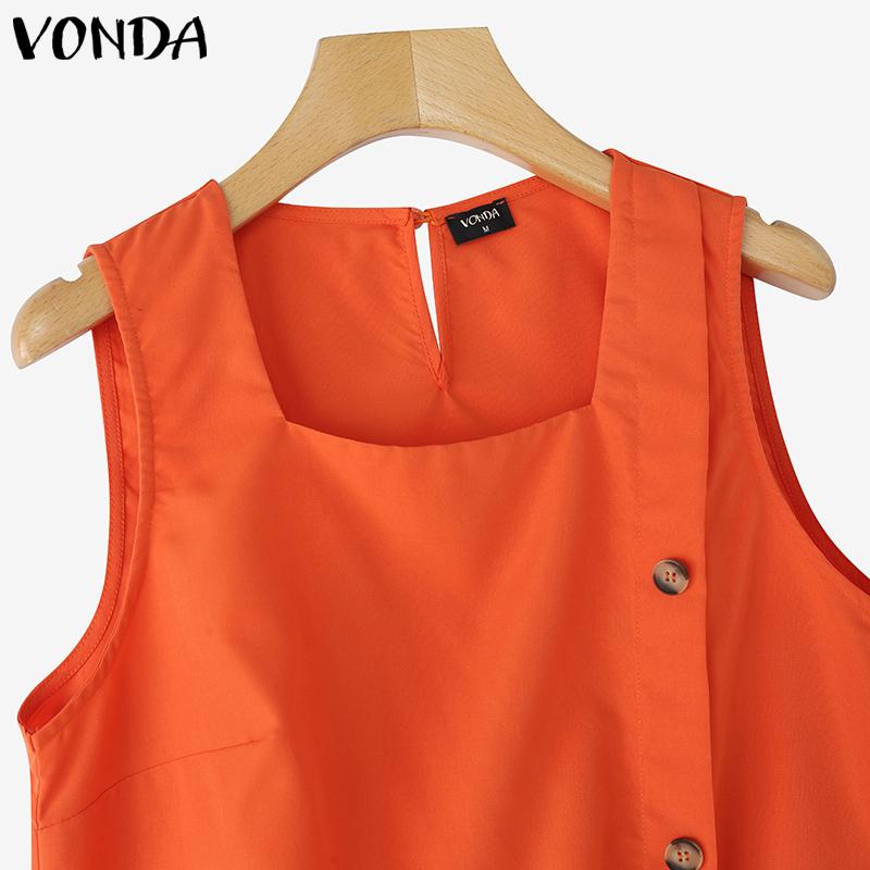 VONDA Women Summer Square Neck Sleeveless Side Decorate Buttons Casual Tank Tops