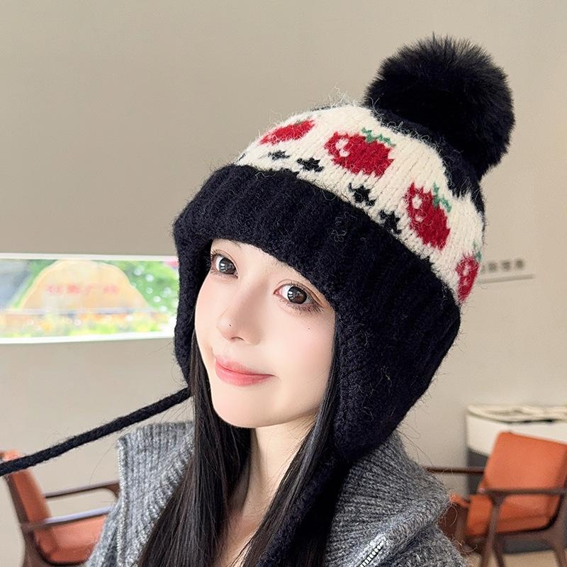 Autumn and Winter New Fair Isle Style Hat for Women Wool Ball Ear Protection Woolen Hat  Small Face  Warm Knitted Cold Hat  Trendy