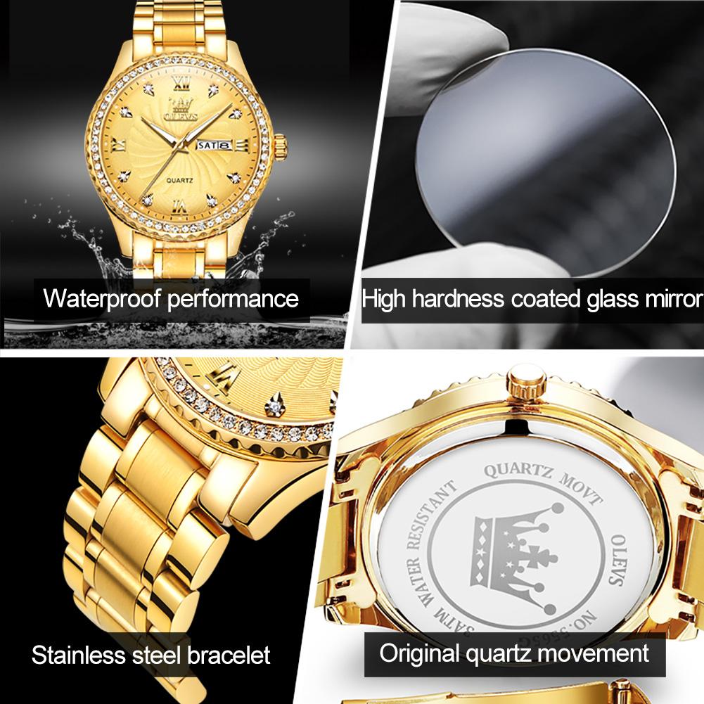 OLEVS Brand Diamond Studded Gold Watch Double Calendar Night Light Waterproof Quartz Men's Watch 5565