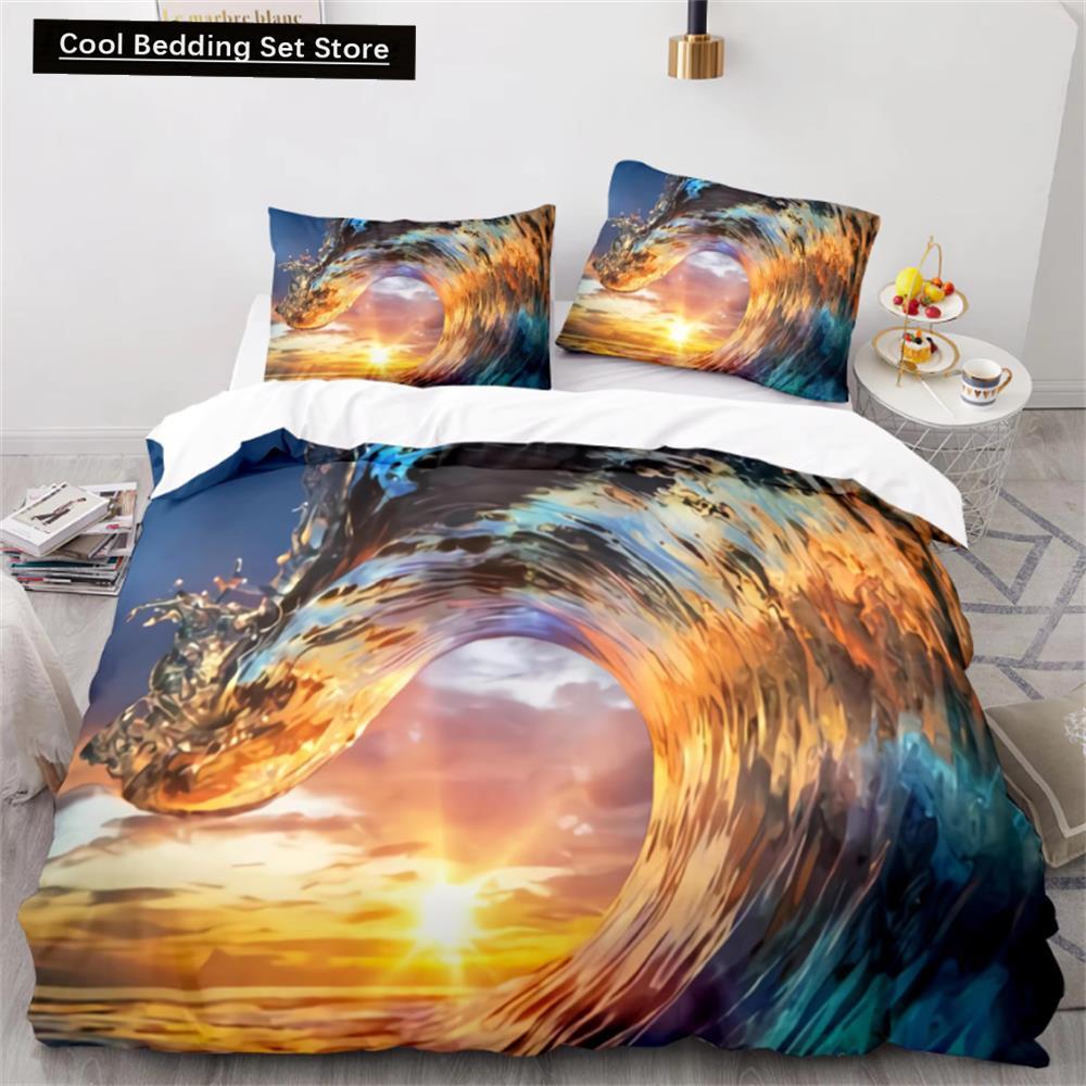 Wave Duvet Cover Set,Sea Ocean Nautical Bedding Set Sailboat Comforter Cover,Queen/King/Full/Twin Size Polyester Quilt Cover