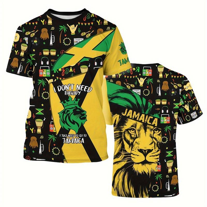 Mens Oversized Round Neck Short Sleeve T-Shirt With Jamaica Flag 3D Print Casual Tee