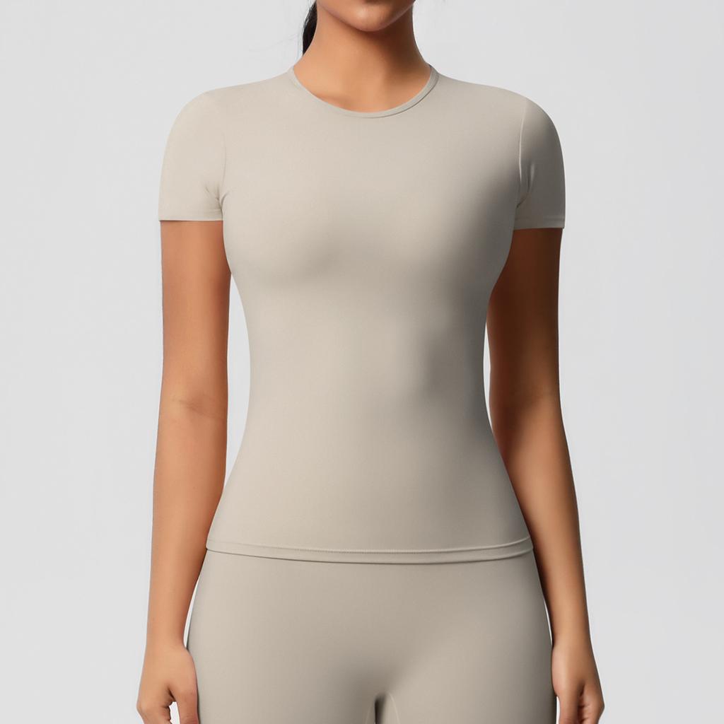 Solid color double-sided abraded tight sports short-sleeved T-shirt sports running fitness yoga clothes top women
