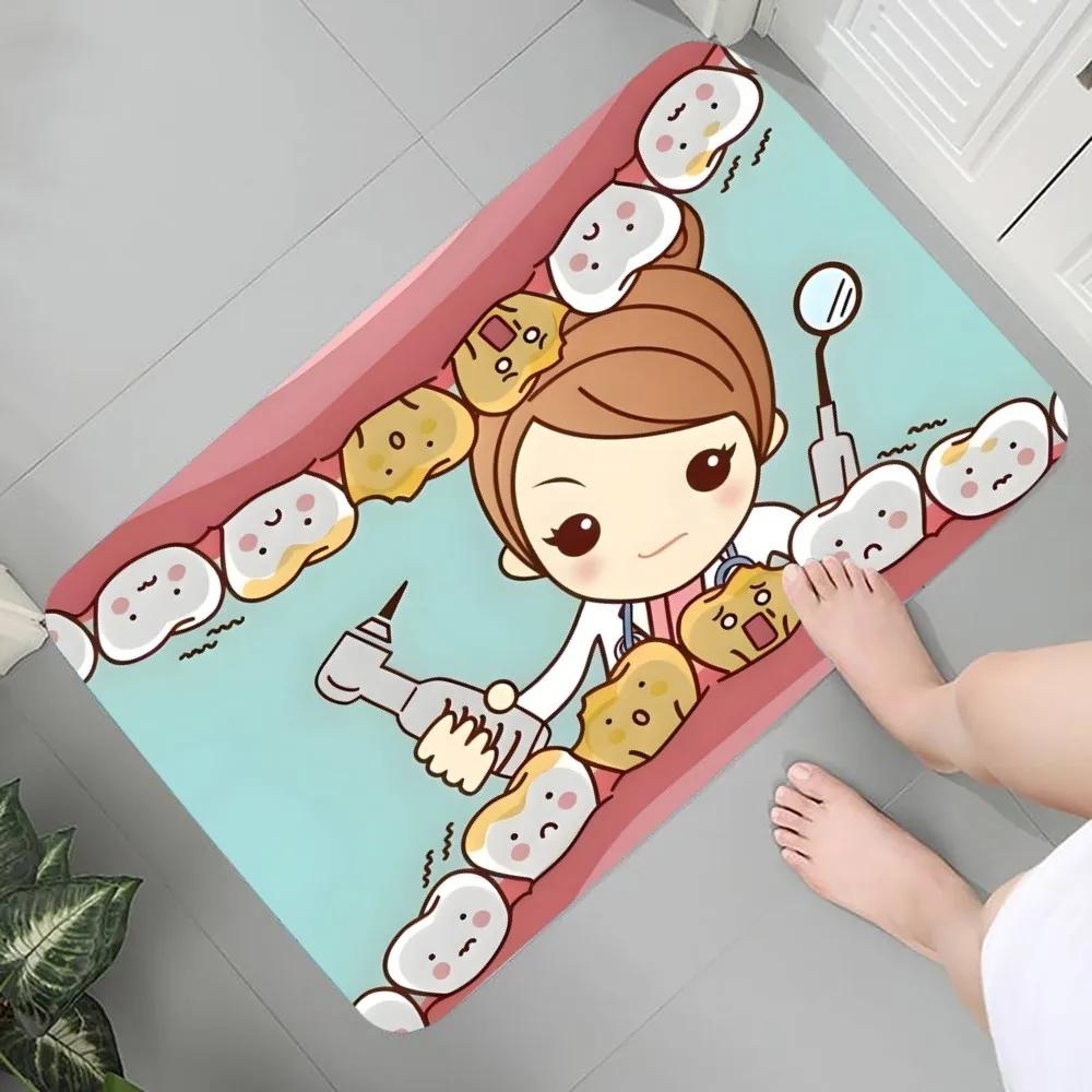 Cartoon Dentist Tooth Fun Graphic Printed Flannel Non-slip Mat Rug Carpet for Bathroom Kitchen Entrance Educational Home Decor