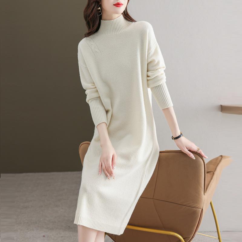 

Half Turtleneck Knitted Dress for Women In Autumn and Winter Solid Color Long Straight Sweater Dress Casual Loose Sweater S бежевый