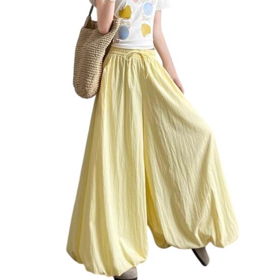 Women Pants Elastic Waistband Adjustable Drawstring Wide Leg Bud Skirt Pants with Pockets Pure Color Loose Fit Summer Pants Daily Wear
