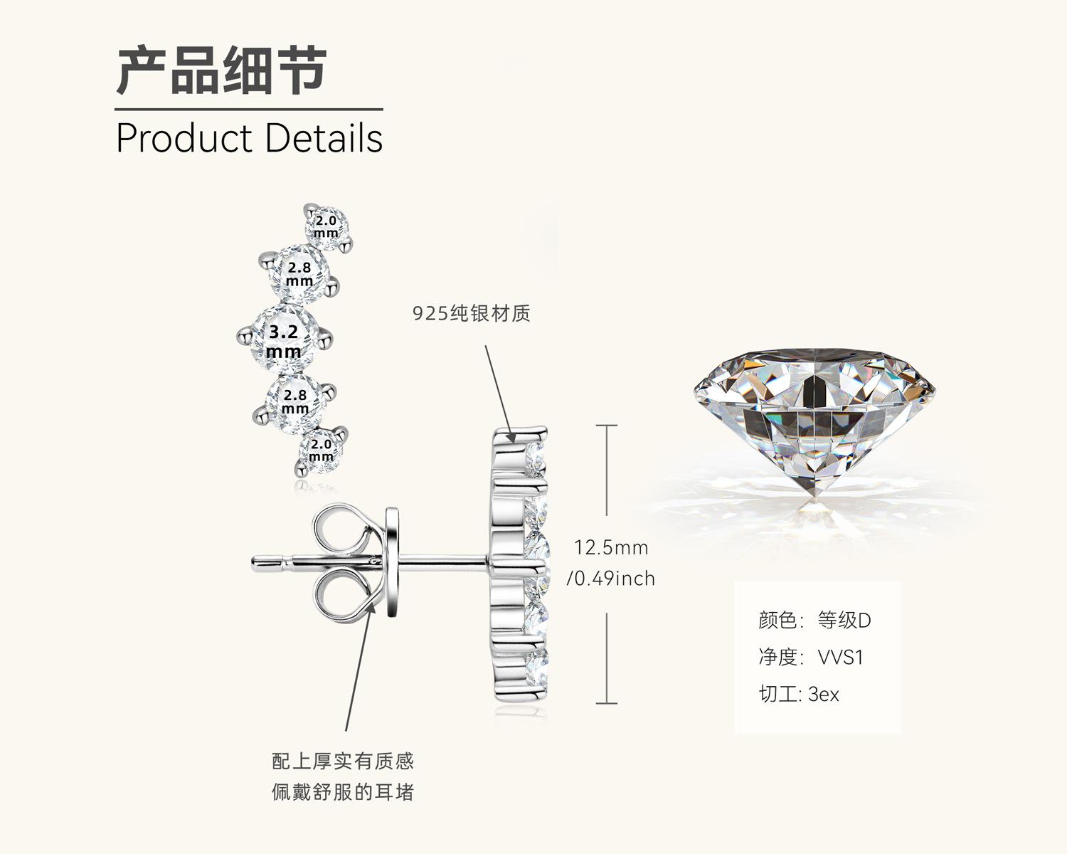 

Серебряные гламурные французские серьги-гвоздики с муассанитом и чувством улыбки 925 silver платиновый