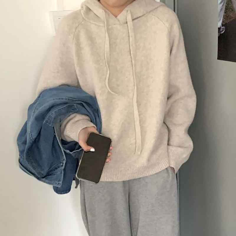 

Autumn Winter Women Vintage Simple Casual All Match Hooded Knitted Sweater Korean Fashion Solid Long Sleeve Loose Pullover Tops S абрикосовий