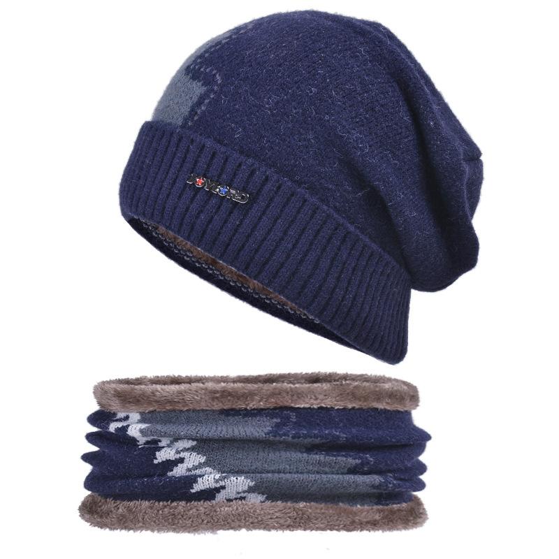 Autumn and Winter Knitted Hat Men's Fleece-lined Warm Scarf Set Sleeve Cap Colorblock All-Matching Woolen Cap