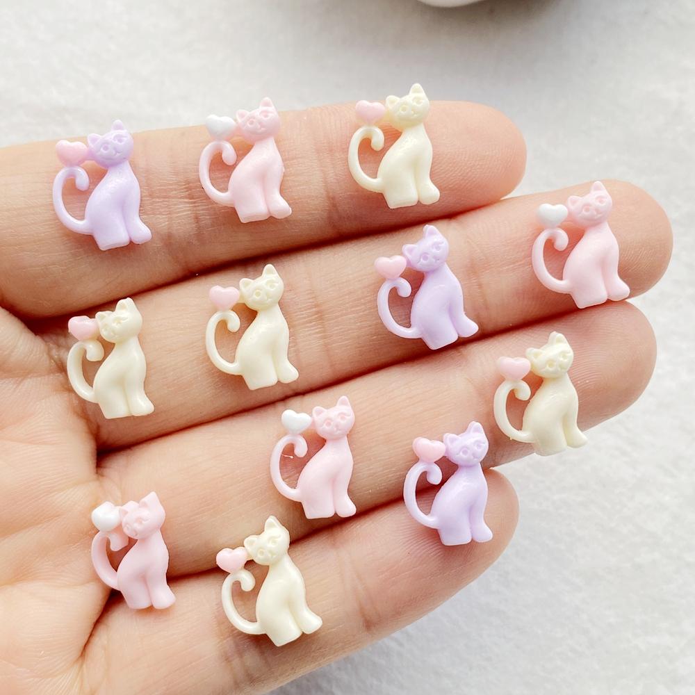 50pcs Colorful Resin Mini Cute Cartoon Heart Shaped Cat Head Nail Art Flat Back Figurines Scrapbook DIY Jewelry Decor Crafts