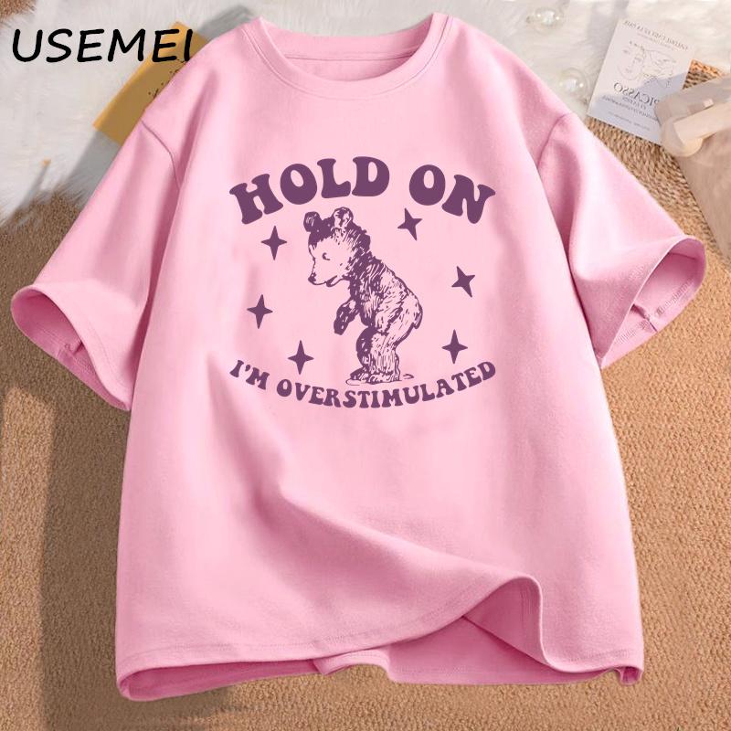 

Футболка с забавным графическим принтом «Hold on Im Overstimulated Bear Meme» для мужчин и женщин, хлопковая, с коротким рукавом, с принтом, эстетическая одежда, футболки