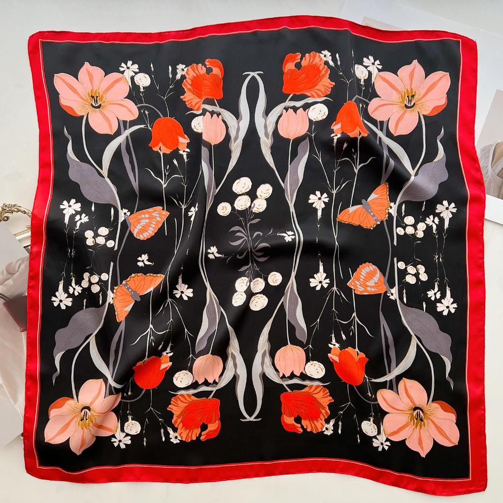 Summer Plant Flower Small Square Scarf Silk Scarf Women'S Headscarf With Shirt Professional Decoration Neck Protection Thin Scarf