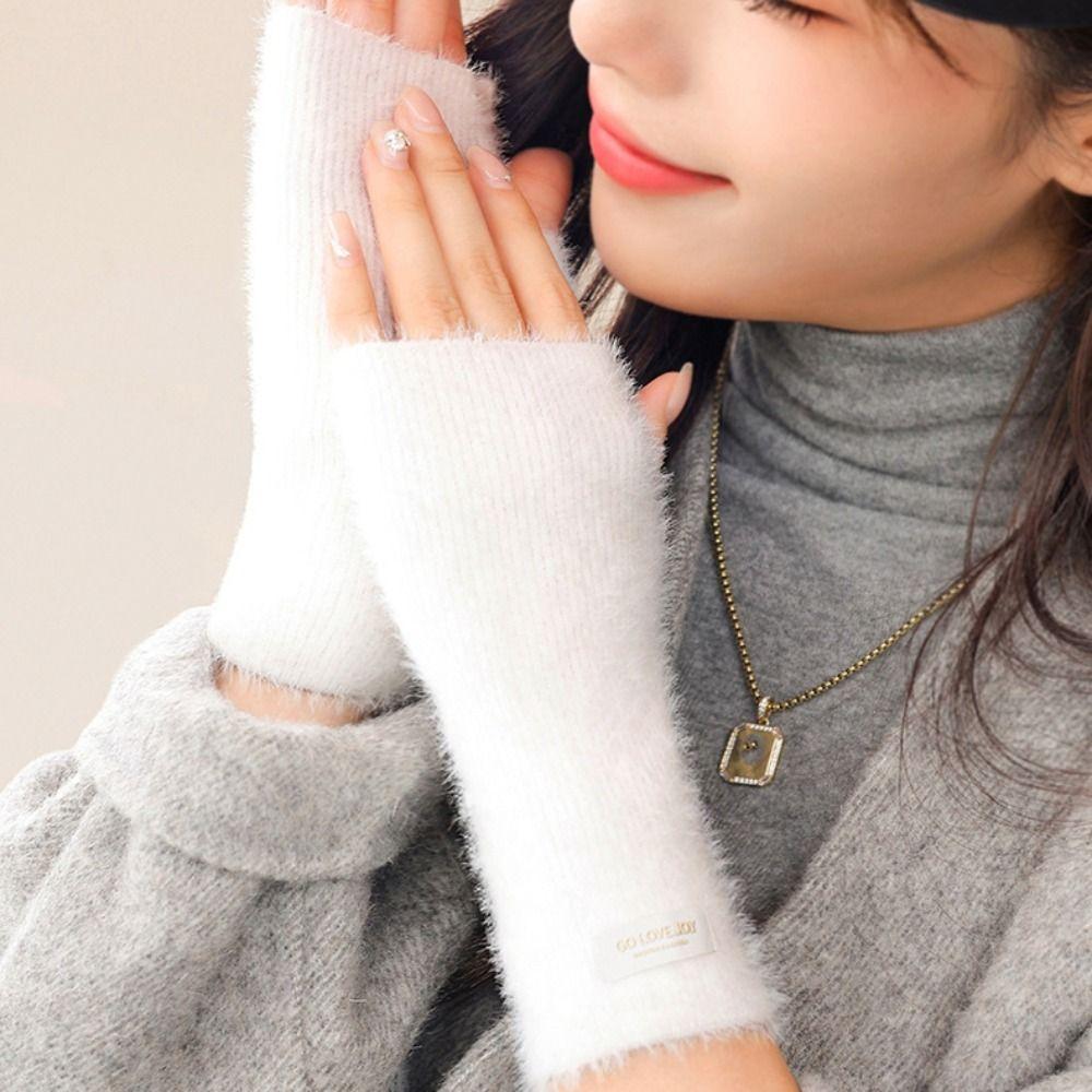 Winter Knitted Driving  Half Finger Gloves Faux Mink Wrist Arm Warmer Women Mittens
