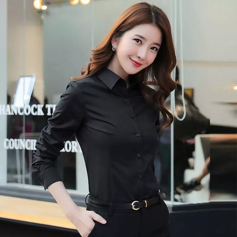 Spring and Autumn Black and White Shirt Women's Korean Version of The Slim Long-sleeved Tooling Shirt Work Clothes Professional Wear Formal Wear Top