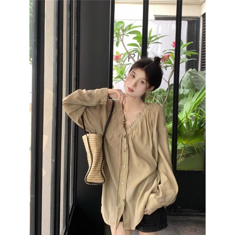 French Ruffled V-neck Shirt for Women Spring and Autumn Buttoned Loose Casual Top