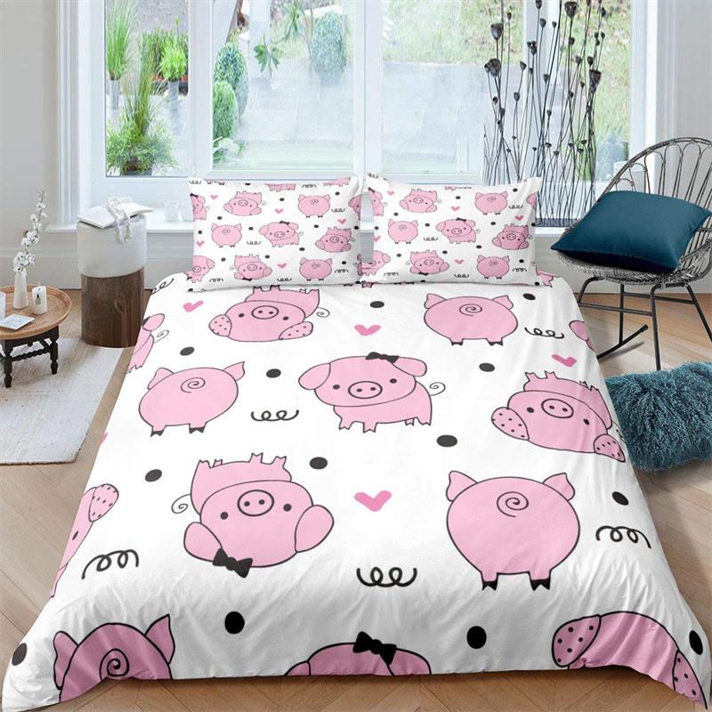 Cartoon Lovely Pig Duvet Cover Set Kawaii Animal Bedding Set King Microfiber Farmhouse Wildlife Theme Comforter Cover Pillowcase
