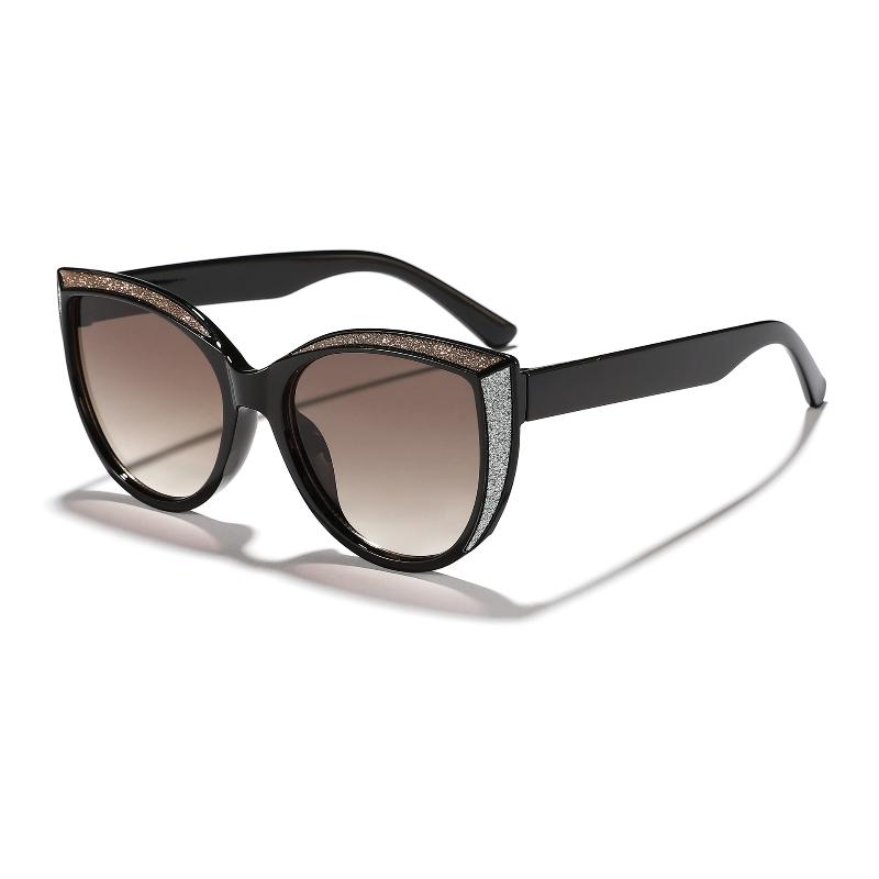 Women's Stylish Cat Eye Sunglasses with Glitter Black Frame Brown Lens for Chic Outings