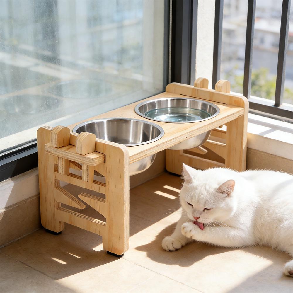 Wooden Cat Dog Bowls Double Stainless Steel Food Water Feeder Neck Protection Raised Stand Pet Feeding Dishes for Small Pets