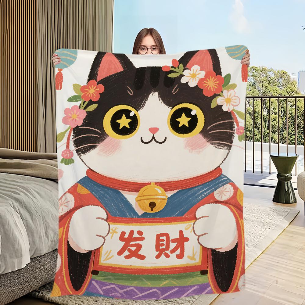 Coperta Illustrazione Gatto della Fortuna Calda Confortevole Morbida in Flanella Peluche per Divano Soggiorno Ufficio Camera da Letto Regalo da Viaggio