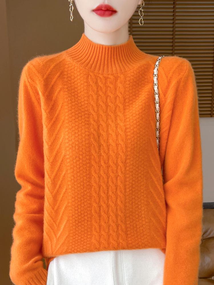 Women's Age-Reducing Loose Pure Wool Sweater, Half-High Collar, Thickened Knit Top for Autumn/Winter.