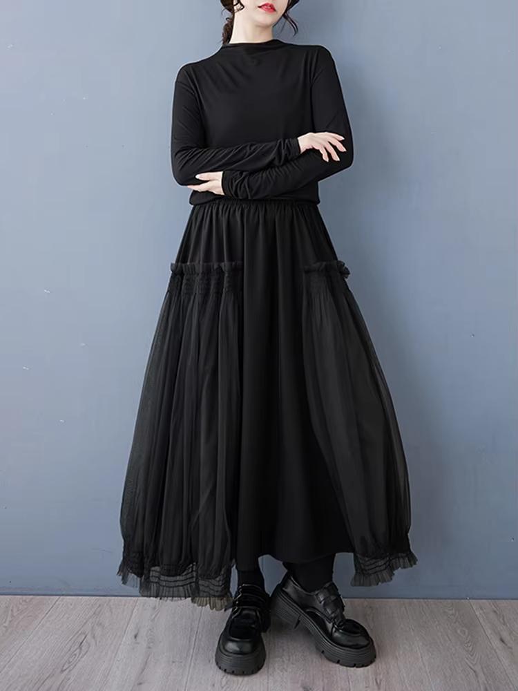 

XITAO Gauze Patchwork Elastic Waist Skirt GMM1251 One Size чёрный